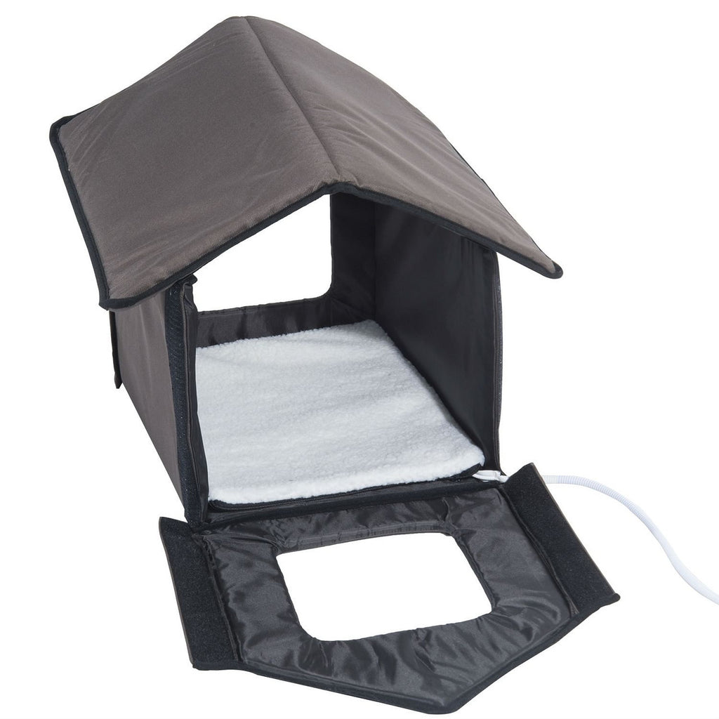 Heated Outdoor Cat House with Lamb Wool Padded Cats Bed in Brown-0